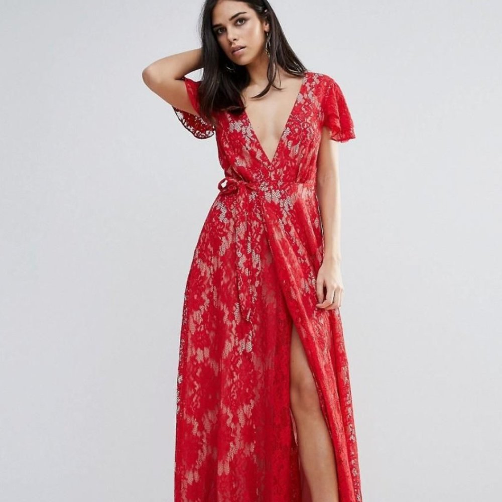 REVERSIBLE Jet Set Diaries Red Lace Wrap-Around Maxi Dress, Small